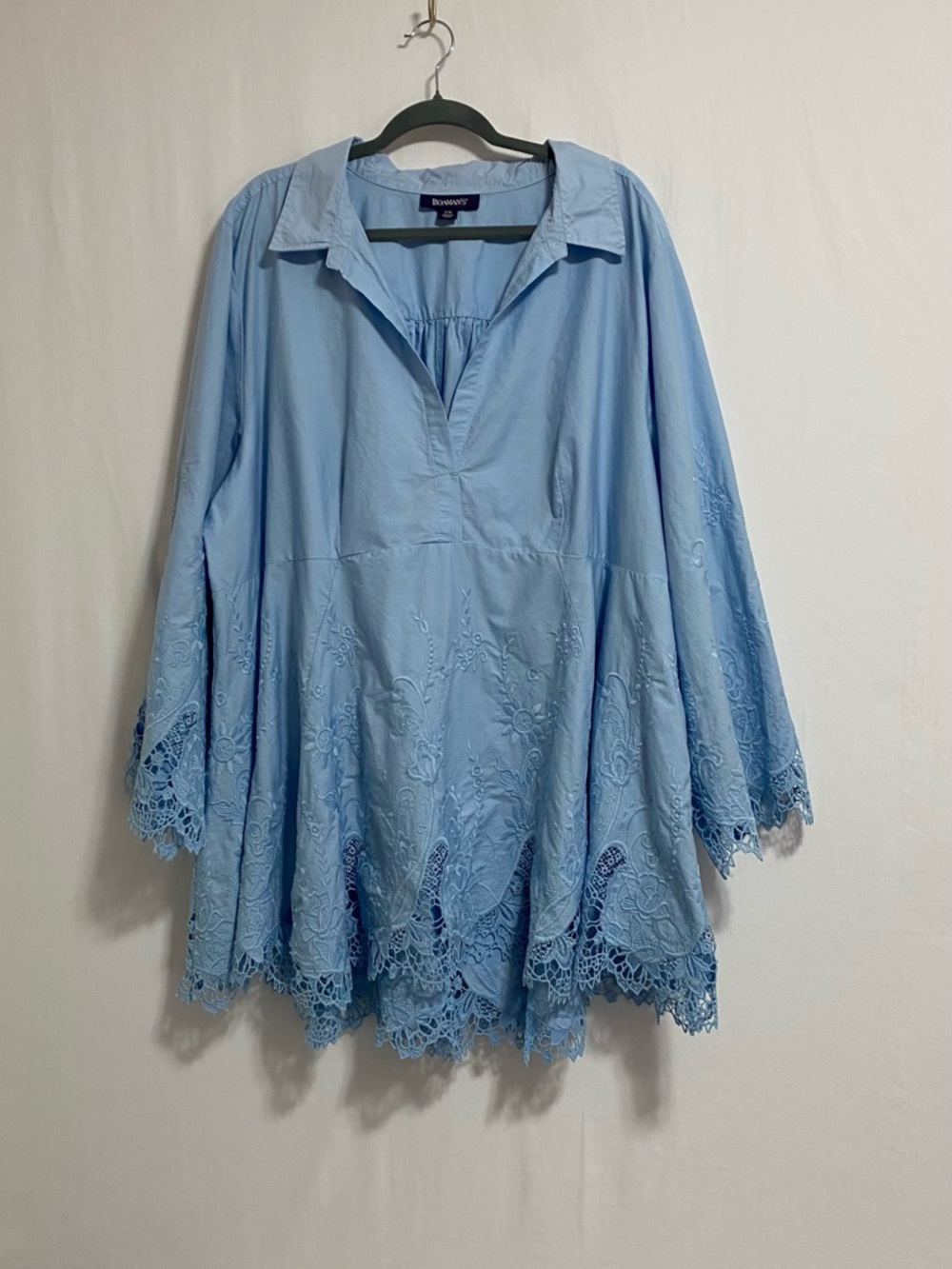Roaman's Light Blue Embroidered Peasant Blouse
